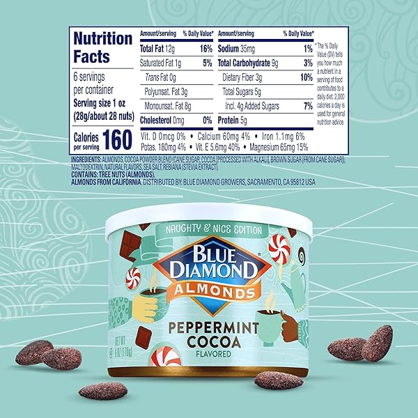 BLUE DIAMOND ALMONDS, PEPPERMINT COCOA HOLIDAY SNACK NUTS, 6 OZ(PACK OF 1),RESEALABLE CAN