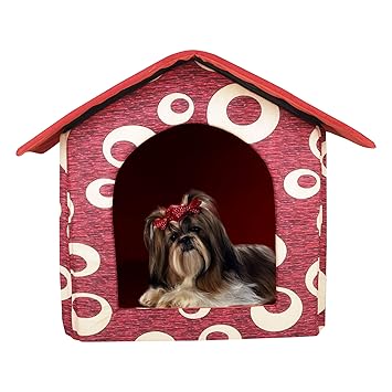 Emily Pet Cat & Dog Lovers Foldable Printer Velvet Fabric Puppy House (S, Red)