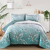 Aninbedding Floral Queen Quilt Set,3 Piece Gradient Aqua Flower Pattern Bedspread Coverlet Set for All Season,Soft Lightweight Microfiber Bedding Set(96’’X90’’)