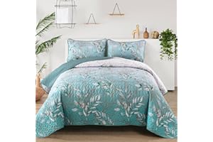 ANIBEDDING Aninbedding Floral Queen Quilt Set,3 Piece Aqua Botanical Pattern Bedspread Coverlet Set for All Season,Soft Lightweight Microfiber Bedding Set(96’’X90’’)