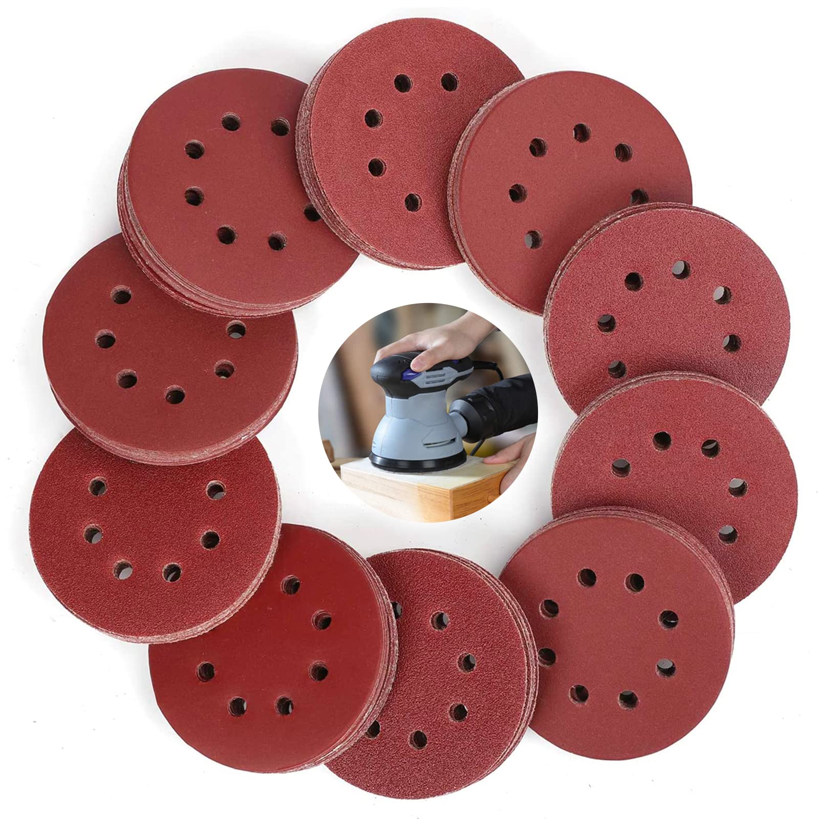 100PC Sanding Discs Pads, AEXIRI Hook and Loop 40 60 80 100 120 150 180 240 320 400 Mixed Grits 125mm/5 inch 8-Holes Sandpaper Sheet for Random Orbital Sander