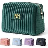 COSHAYSOO Personalized Valentines Day Gifts for Women Initial Make Up Bags Monogrammed 30th 40th Birthday Gift Unique for Her Mom Wife Friend, Green Velvet Makeup Bag Travel Cosmetic Pouch Letter M