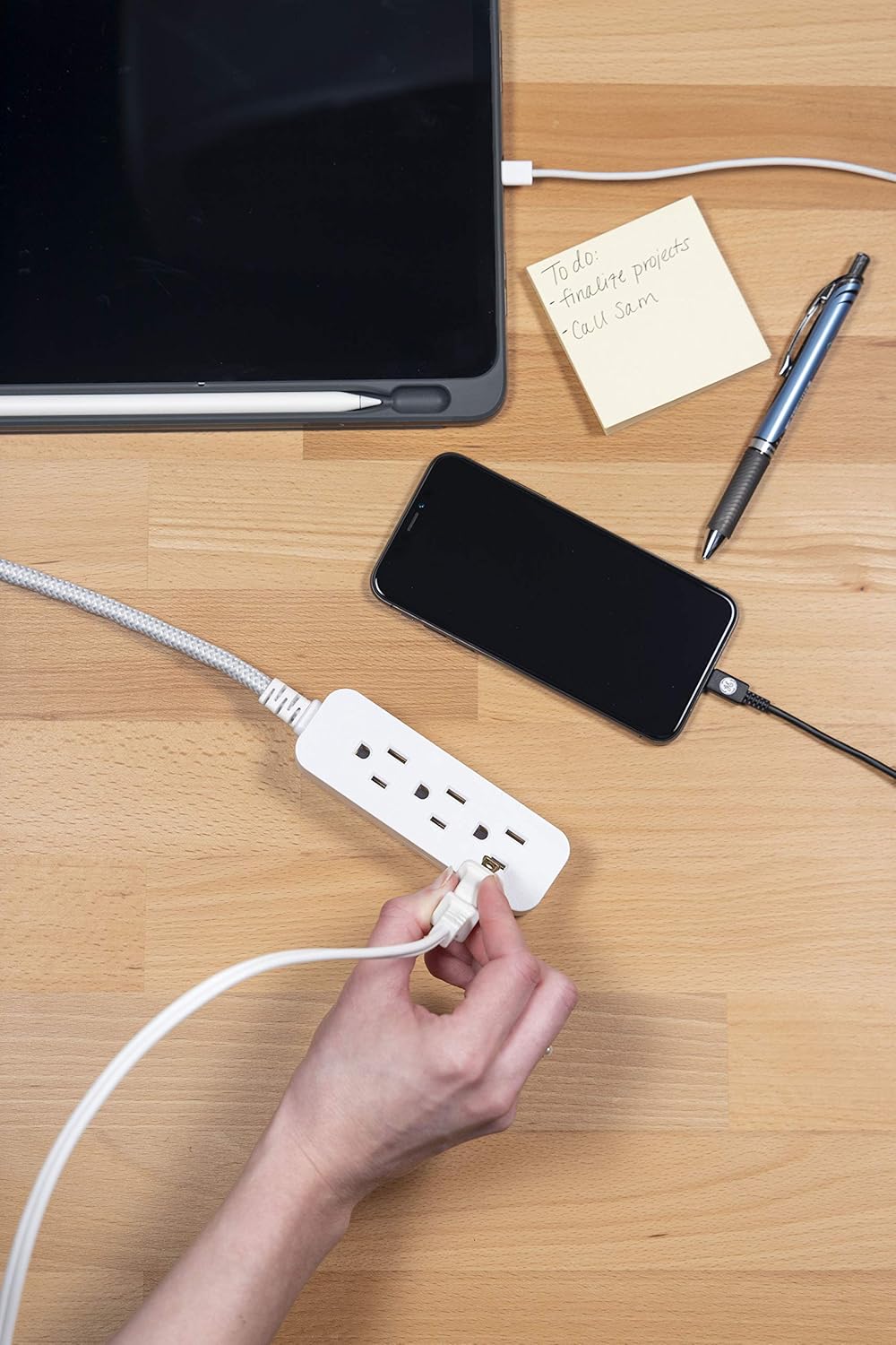 GE, White, Designer Power Strip, 6 Inch Braided Extension, 3 Grounded Outlets, Flat Plug, Mini Cord, Premium, 45190 - - 