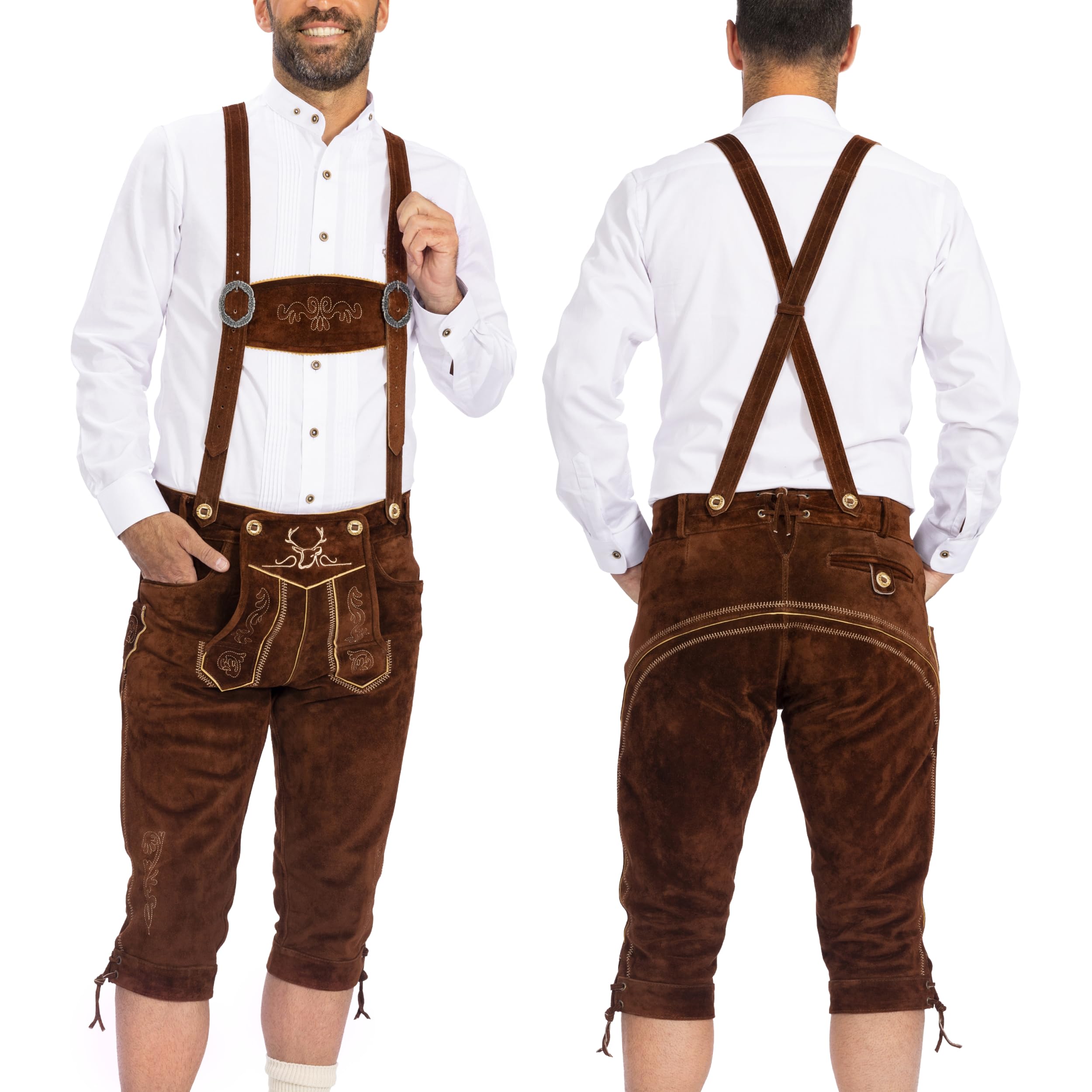 Photo 1 of BAVARIA TRACHTEN Lederhosen - Genuine Leather Authentic German Lederhosen - Bundhosen - Original Oktoberfest Costume/Outfit - Dark Brown - Kneebound (Long)