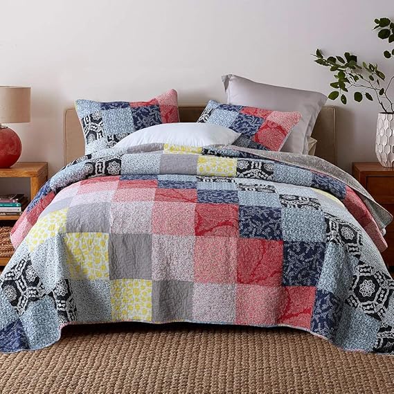Qucover Quilted Bedspread King Size 3 Piece Cotton Bohemian Patchwork