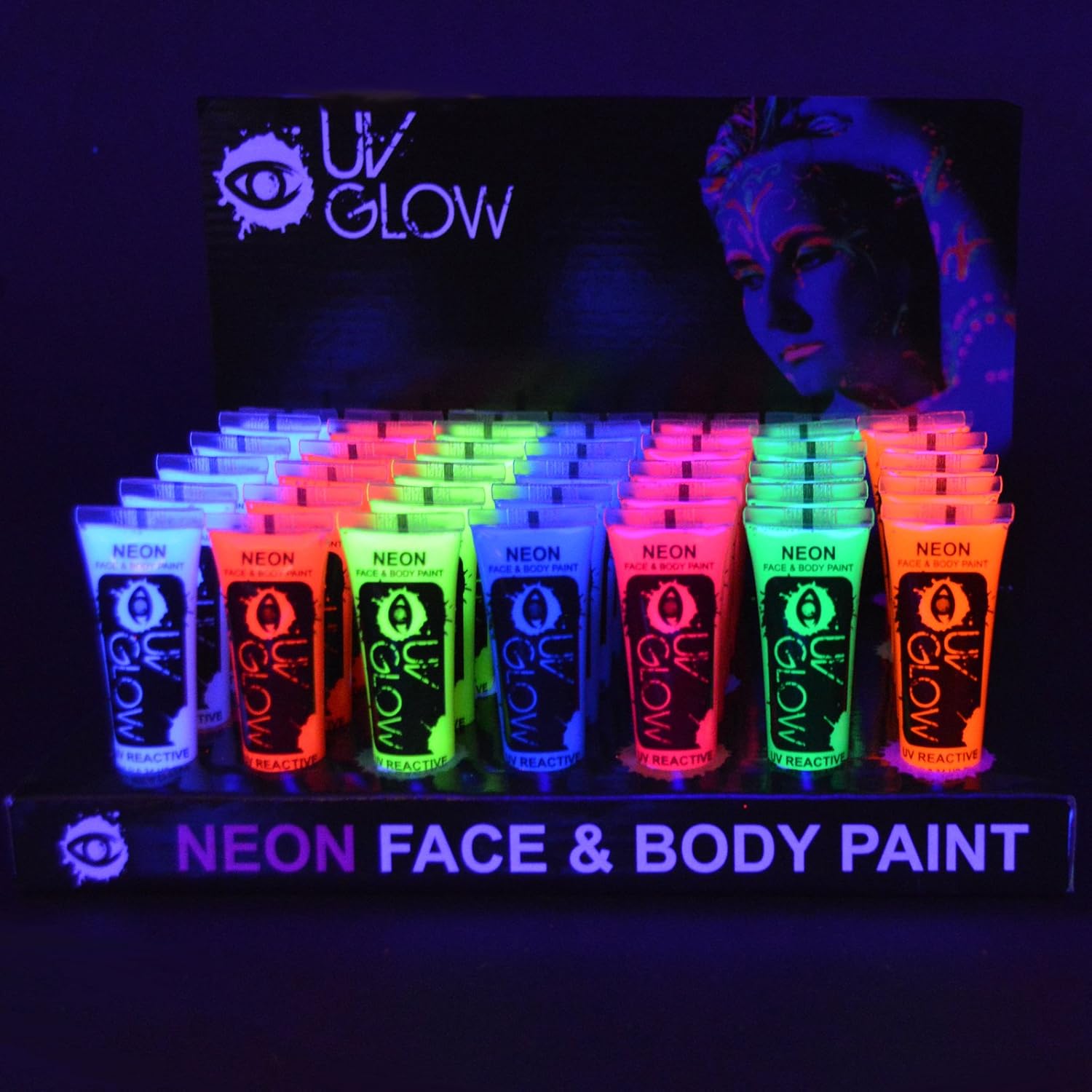 UV Glow Neon Face and Body Paint 10ml - Pack of 24, Pink, Orange, Red, Yellow, Green, Blue, Purple, White, 10 ml (Pack of 24)