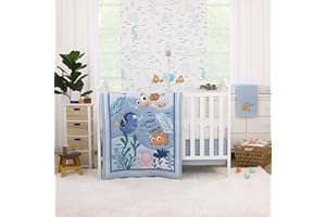 NOJO Disney Finding Nemo Cutest Little Catch Light Blue, Orange, and Navy 3 Piece Nursery Crib Bedding Set - Comforter, Fitted Crib Sheet, and Crib Skirt