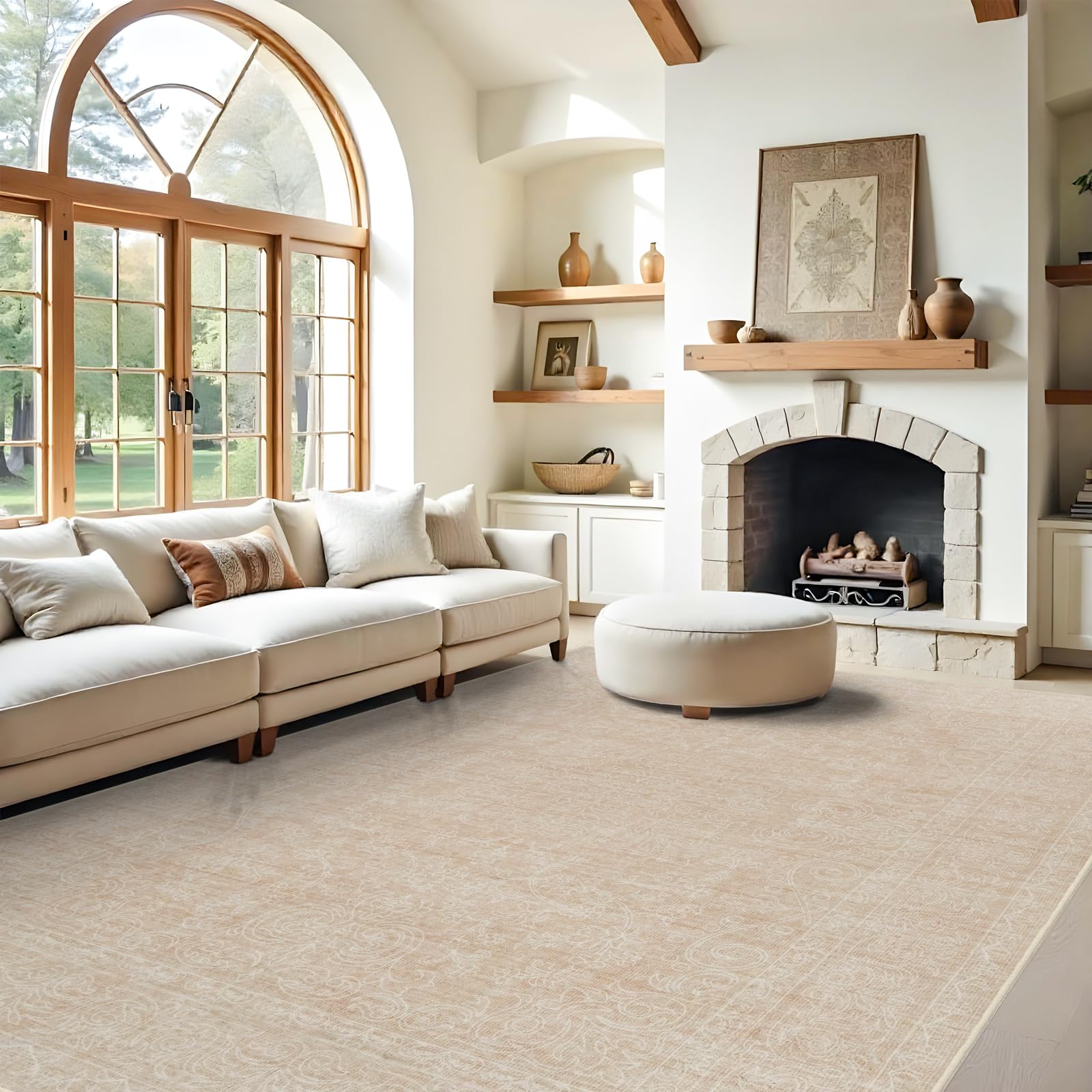 RUUGME 9x12 Washable Area Rugs - Large Boho Rugs for Living Room Stain Resistant Carpet Vintage Tribal Rugs for Bedroom Kitchen with Non Slip Backing Decor Floor Decoration Mat 9x12 Beige Yellow Image