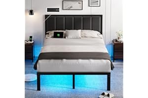 OLEVS Full Bed Frame with Headboard Metal Platform Bed Full Size with USB Charging Station and LED Lights, No Box Spring Needed