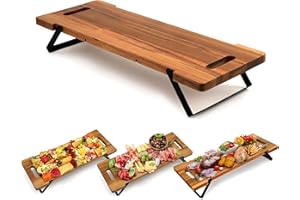 Hanobe Charcuterie Cheese Board Large: Long Acacia Serving Wooden Riser with Handles Folding Appetizer Boards Raised Wood Pla