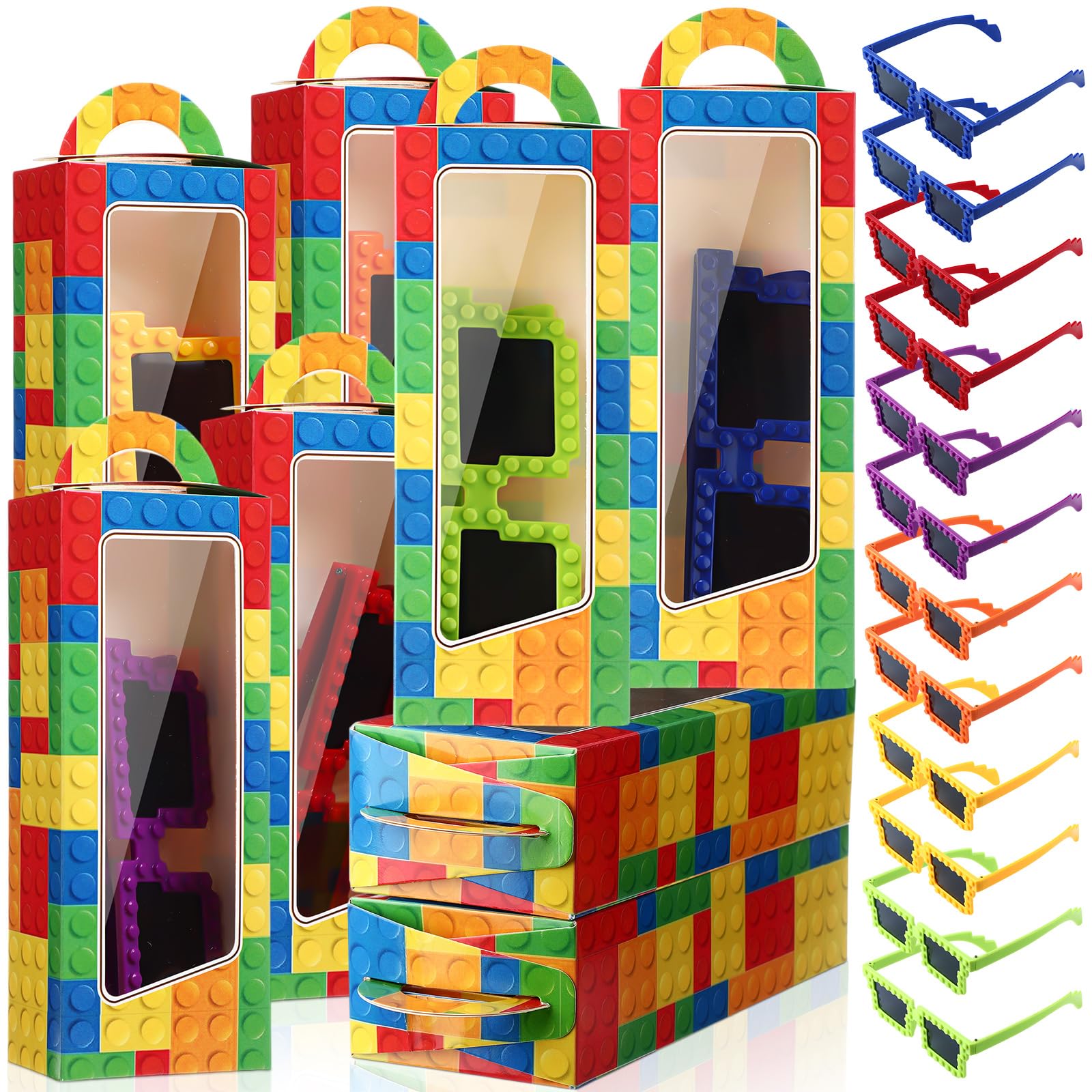 Photo 1 of Relaxweex 12 Sets Building Block Party Favors Includes Building Bricks Theme Party Gift Boxes Block Mania Games Sunglasses DIY Christmas Birthday Supplies (Bright)