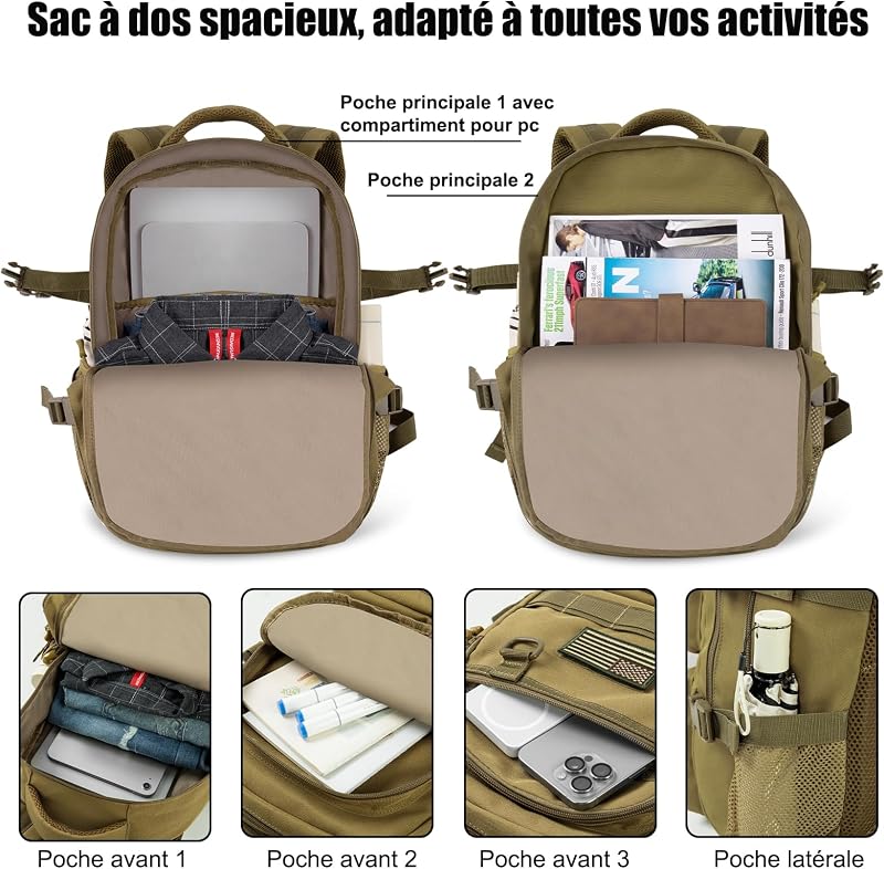 Cartable Garcon Scolaire Ado Fille Enfant, Grand Sac à dos Homme Femme 17,3" PC Sacs Scolaires pour Collège lycée Université et Voyage, 13 14 15 16 17 18 19 20 21 Ans, Kaki