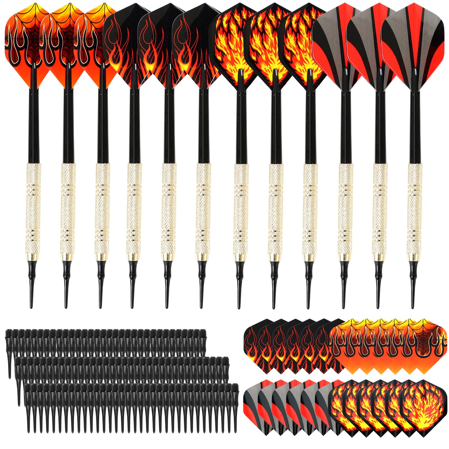 KIKIGOAL 12 Pieces Soft Tip Darts With 24 Pieces Tails And 100 Pieces Plastic Tips, Safety Plastic Flame Pattern Kids Darts