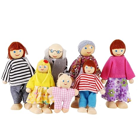 Smibie Puppenfamilie von 7 Puppen Kinderspielzeug aus Holz (A2)