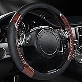 CAR PASS Wood Grain Microfiber Leather Sporty 14.5-15 inch Steering Wheel Cover Universal Fits for 95% Truck,SUV,Cars, Anti-Slip Safety Comfortable Design (Black Wood Grain)