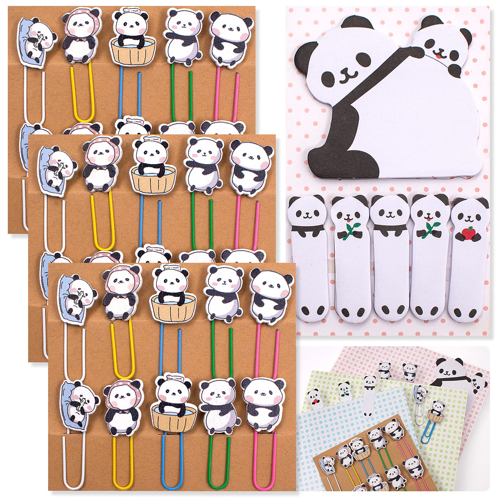 Pandaonly 30Pcs Panda Paperclip Bookmarks, 3 Set Cute Bookmark Clips With Sticky Notes - Funny Animal Planner Clips for Office Supplies, Coworkers Gifts