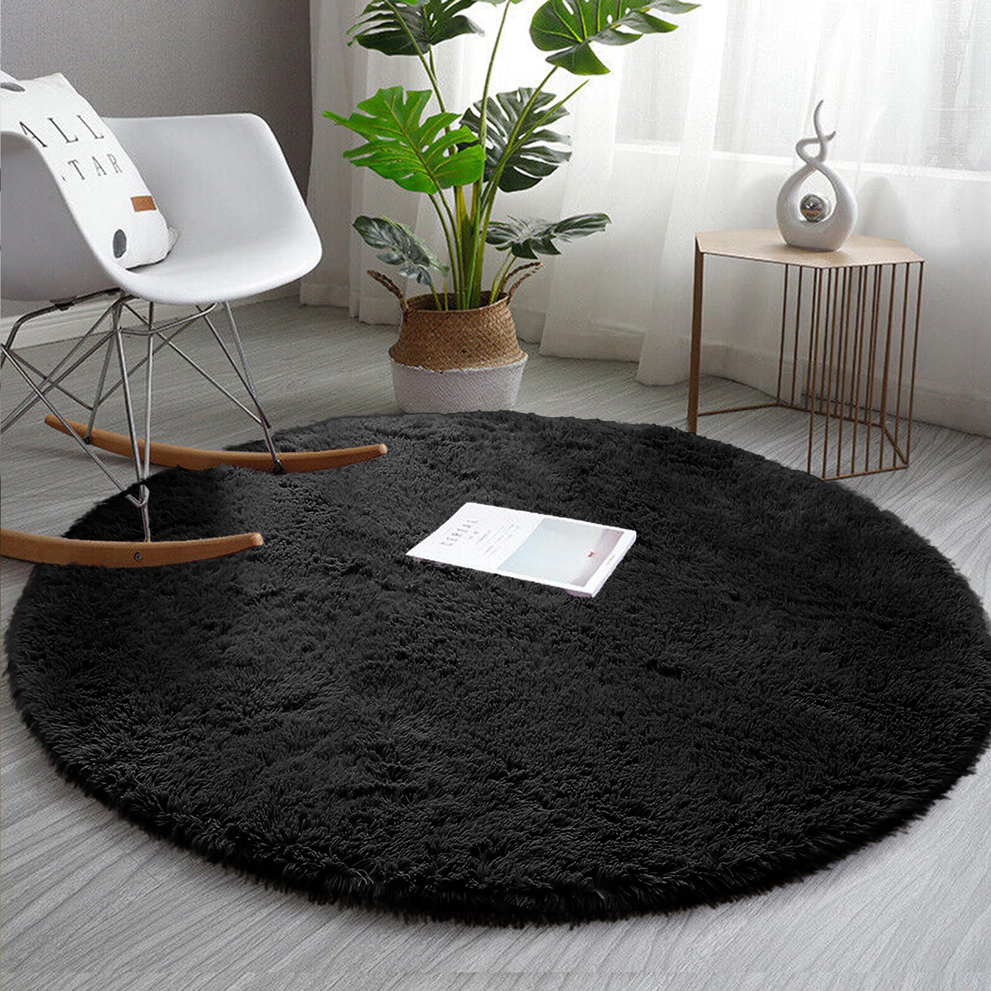 AMEHA Round Black Shaggy Rug 120x120 cm Fluffy Soft Non Slip Circle Area Rug Modern Bedroom Carpet Non-Shedding