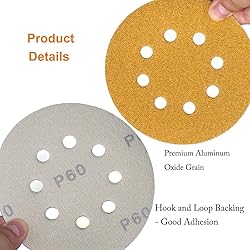 Aiyard 5-Inch 8-Hole Hook and Loop Sanding Discs
