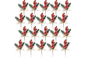 MdakeGo 20 Pack Artificial Christmas Tree Picks Christmas Red Berries Stems Pine Branches Spray with Pinecones Holly Leaves for DIY Xmas Garland Wreath Ornaments Holiday Décor (Red Berries)