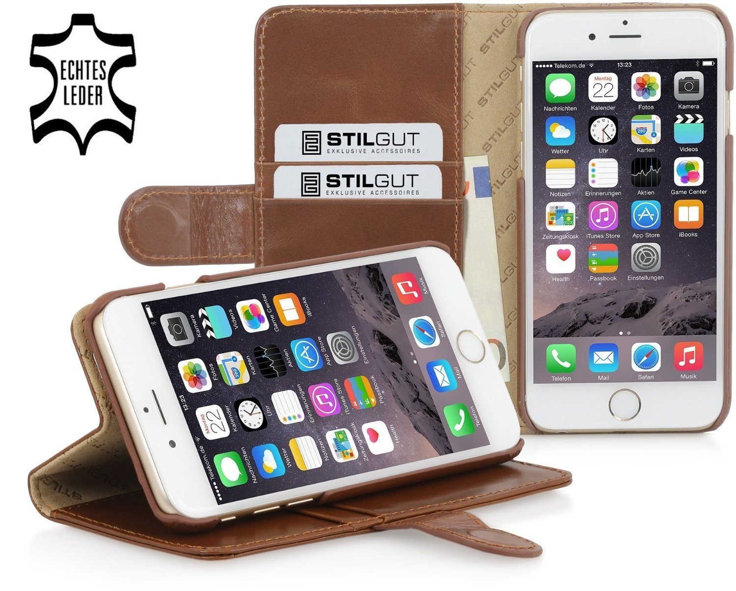 StilGut Wallet Type Leather Case Compatible with iPhone 6Plus/6s Plus 5.5", Cognac Brown