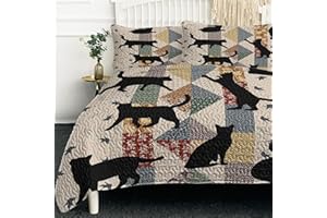 BlessLiving Black Cat Quilt Set 3 Pieces Queen Size Soft Lightweight Bedspread Coverlet Microfiber Boho Floral Cat Bedding Set with 2 Pillow Shams for Boys Girls Adults Bedroom Decor