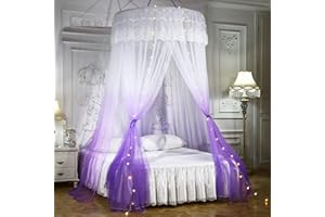 Mengersi Princess Bed Canopy with Lights Round Dome Bed Curtains Mosquito Net for King Queen Full Twin Size Bed(Round Canopy + Led Lights, Purple and White)