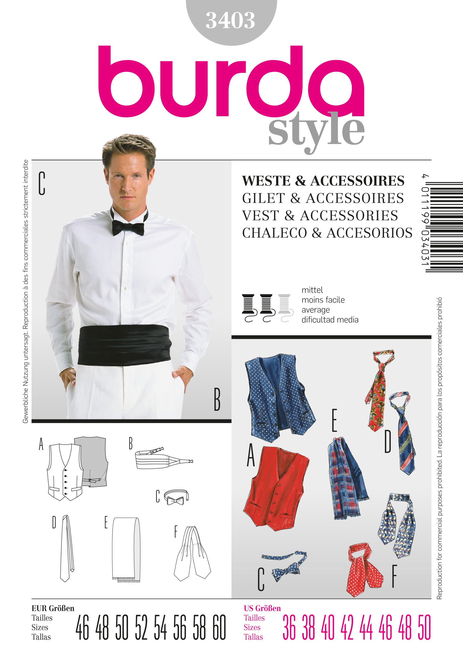 Burda Style Sewing Pattern B3403 Men's Vest and Acessories