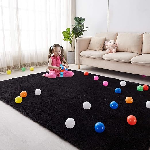 Amazon Com Soft Area Rug For Bedroom 4 X6 Black Rug For Living Room Fluffy Carpet For Kids Room Shaggy Floor Mat For Nursery Room Furry Rectangular Rug For Baby Teen Room Decor For