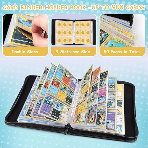 900 Pocket Trading Card Binder – 9-Pocket Pages, 50 Removable Sleeves, PU Material, Zipper Closure, Holds Sports & Game Cards (Red)