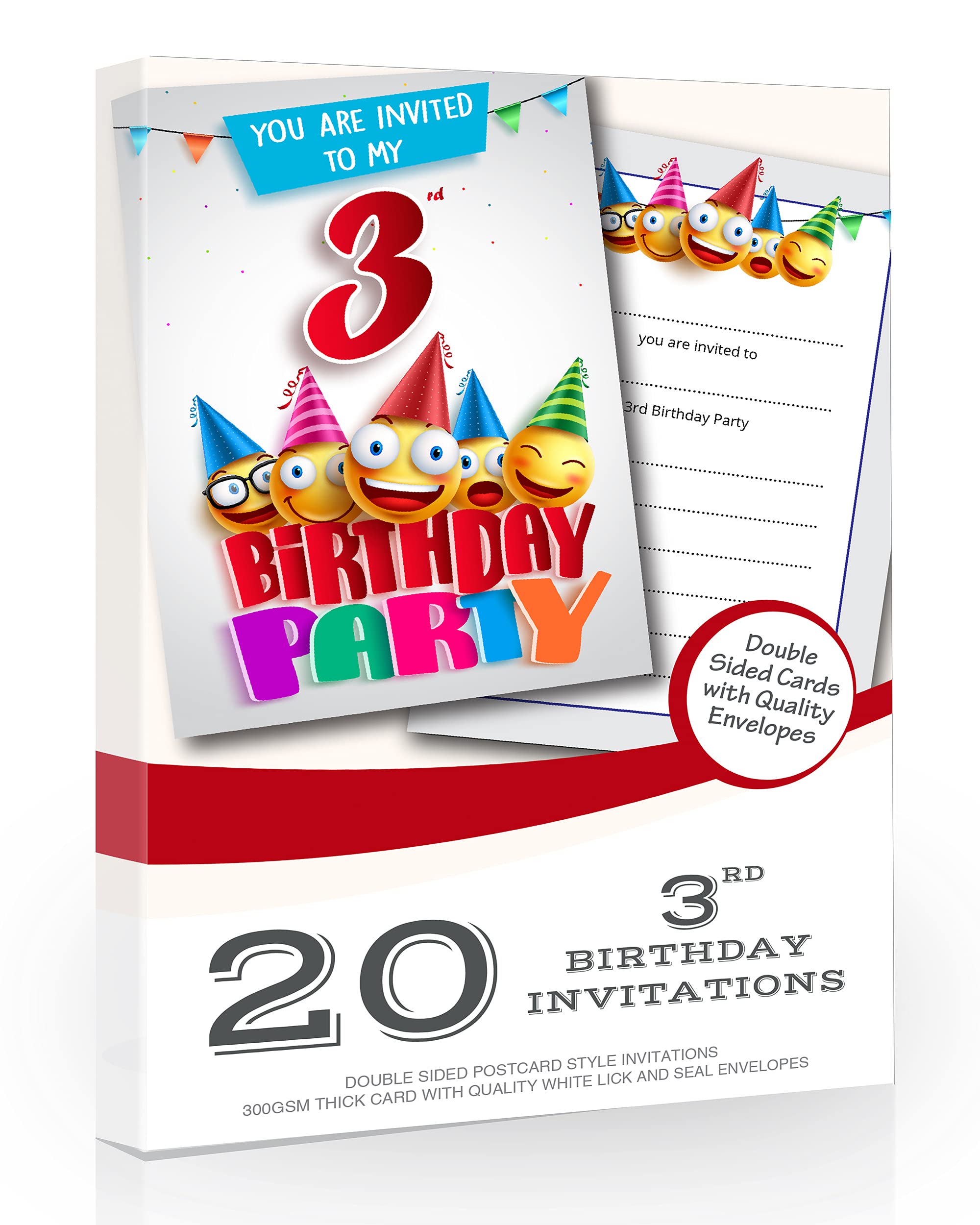 Olivia Samuel 20 x 3rd Birthday Party Invites from Cartoon Style - Ready to Write with Envelopes