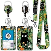 Black Cat Flower Lanyards for Id Badges, Id Badge Holder Heavy Duty and Retractable Keychain, Cute Badge Reel with 360 Degrees Rotate Carabiner Clip, Women Student Daily Office