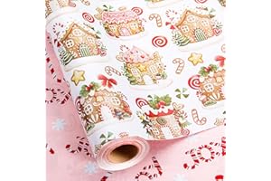 MAYPLUSS Christmas Wrapping Paper Roll - 17 Inch X 33 Feet - Cute Pink Gingerbread House Reversible Candy Cane Gift Wrapping Paper, Thick Gift Wrap Paper for Holiday Party New Year Kids