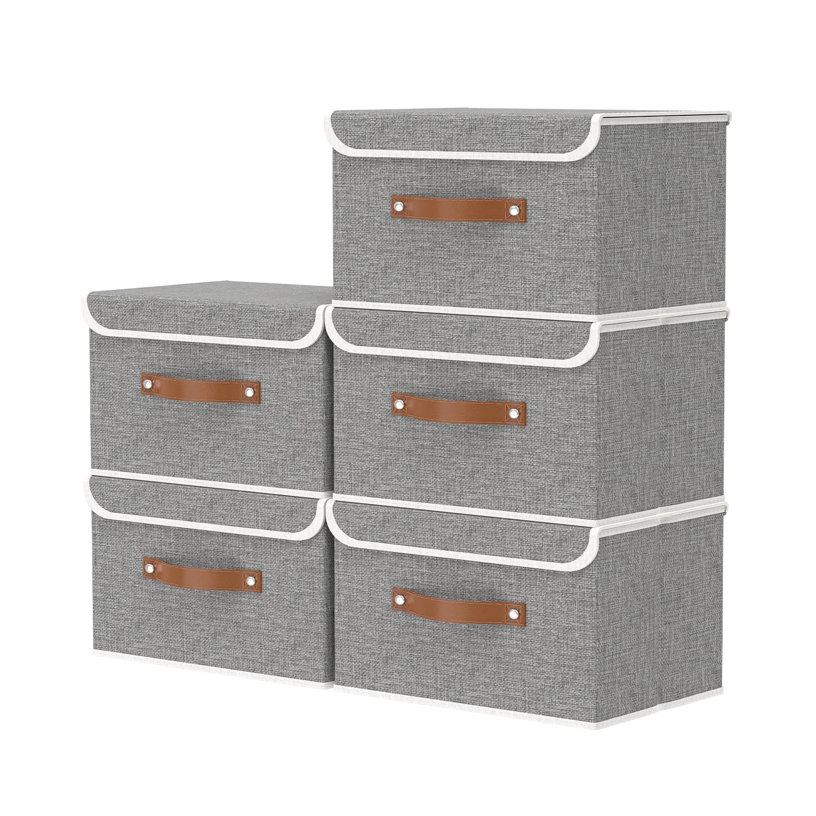 OUTBROS Collapsible Storage Box with Lid, Linen Fabric Clothing Shelf Basket Bins Box For Towels,Clothes 33x23x20 cm (Grey, 5-Pack) — image 1