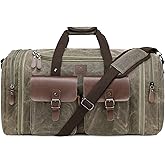 Densata Waxed Canvas Duffle Bag for Men 60L Travel Duffel Bags Expandable Genuine Leather Duffel Overnight Weekender Carry On Bag Two Zipper Pockets Travel Bag (Vintage Grey, X Large-60L)