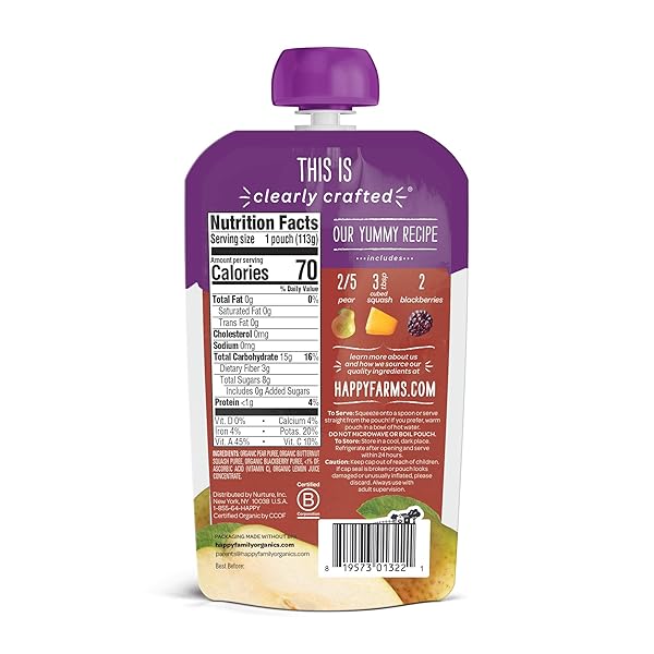 HAPPY BABY ORGANICS STAGE 2 BABY FOOD POUCHES, GLUTEN FREE, VEGAN & HEALTHY SNACK, CLEARLY CRAFTED FRUIT & VEGGIE PUREE, PEAR SQUASH & BLACKBERRIES, 4 OUNCES (PACK OF 1)