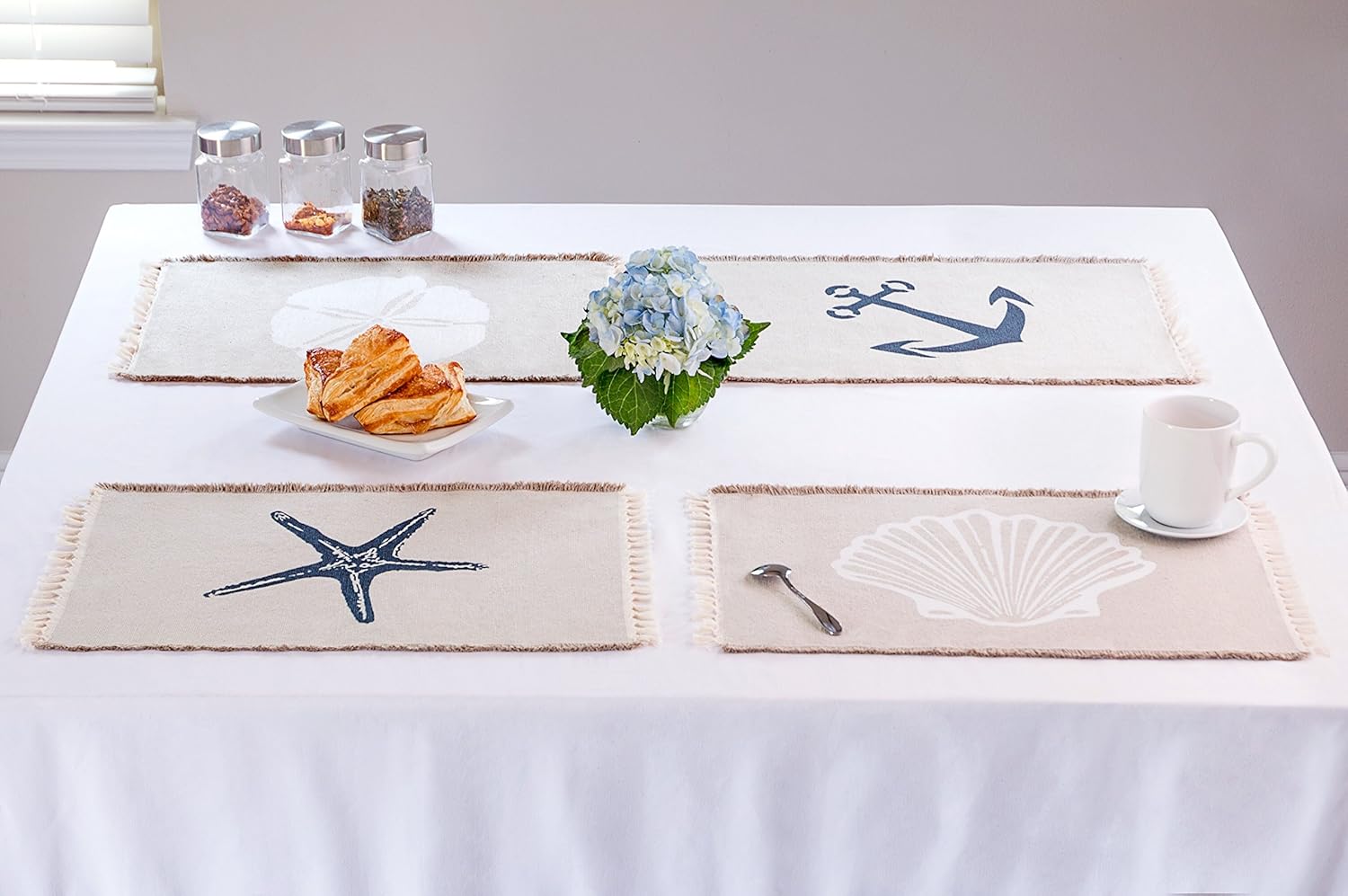 Living Fashions Table Placemats Set of 4 - Beach Themed Nautical Kitchen Placemats for Dining Table - 100% Washable Cotton Place Mat- Seashell, Sand Dollar, Starfish & Anchor Designs with Fringes: Home & Kitchen