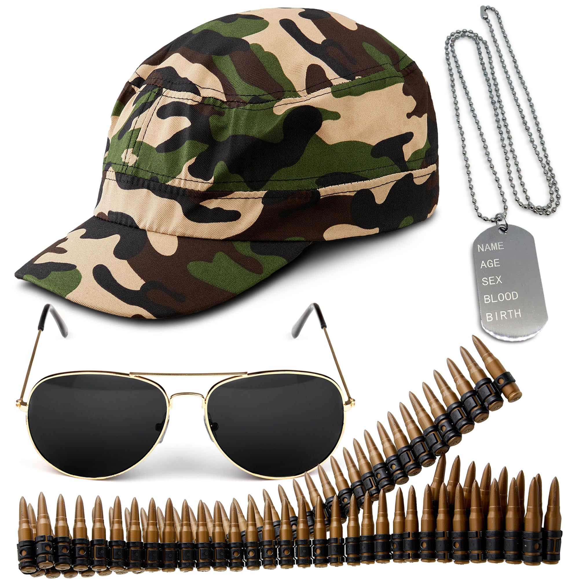 4pc Army Fancy Dress Accessories Set - Halloween Army Costume Accessories with Camo Hat, Bullet Belt, Aviator Sunglasses and Dog Tag Necklace - Soldier Costume for Stag Do Outfit or Adult Fancy Dress