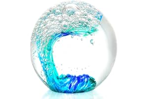 ARIKYRIST Hand Blown Glass Paperweight Ocean Waves Crystal Ball Beach Glass Decor for Home Office Aquarium (Dark Blue and Green with White)