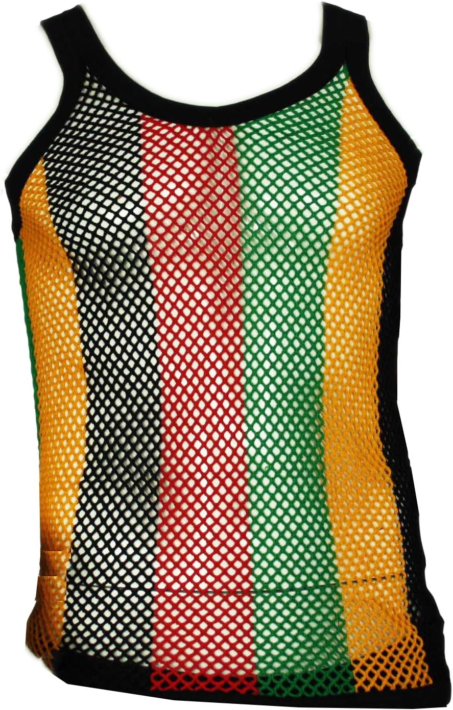 UD Accessories Mens Fitted String Mesh Vest Muscle Fishnet Cotton Rasta Black Red Green Yellow
