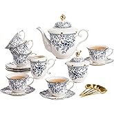 TATSUMI Country Roses Porcelain Tea Set, European Ceramic tea set for adults,Vintage Style, For Women and Tea Parties (BLUE, 21 Pieces Set)