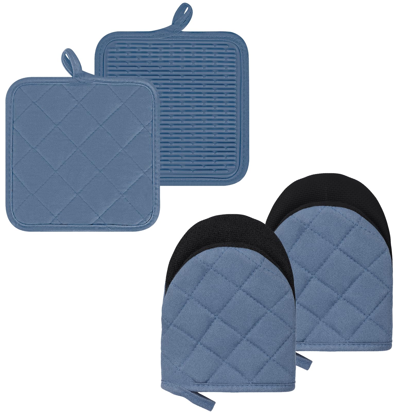 Oven Gloves and Pot Holders Set, Pack of 4, Heat Resistant Gloves Kitchen Silicone Air Fryer Mitts up to 500 Degrees, Heat Proof Gloves for Baking Grilling Barbecue, Microwave, Machine Washable