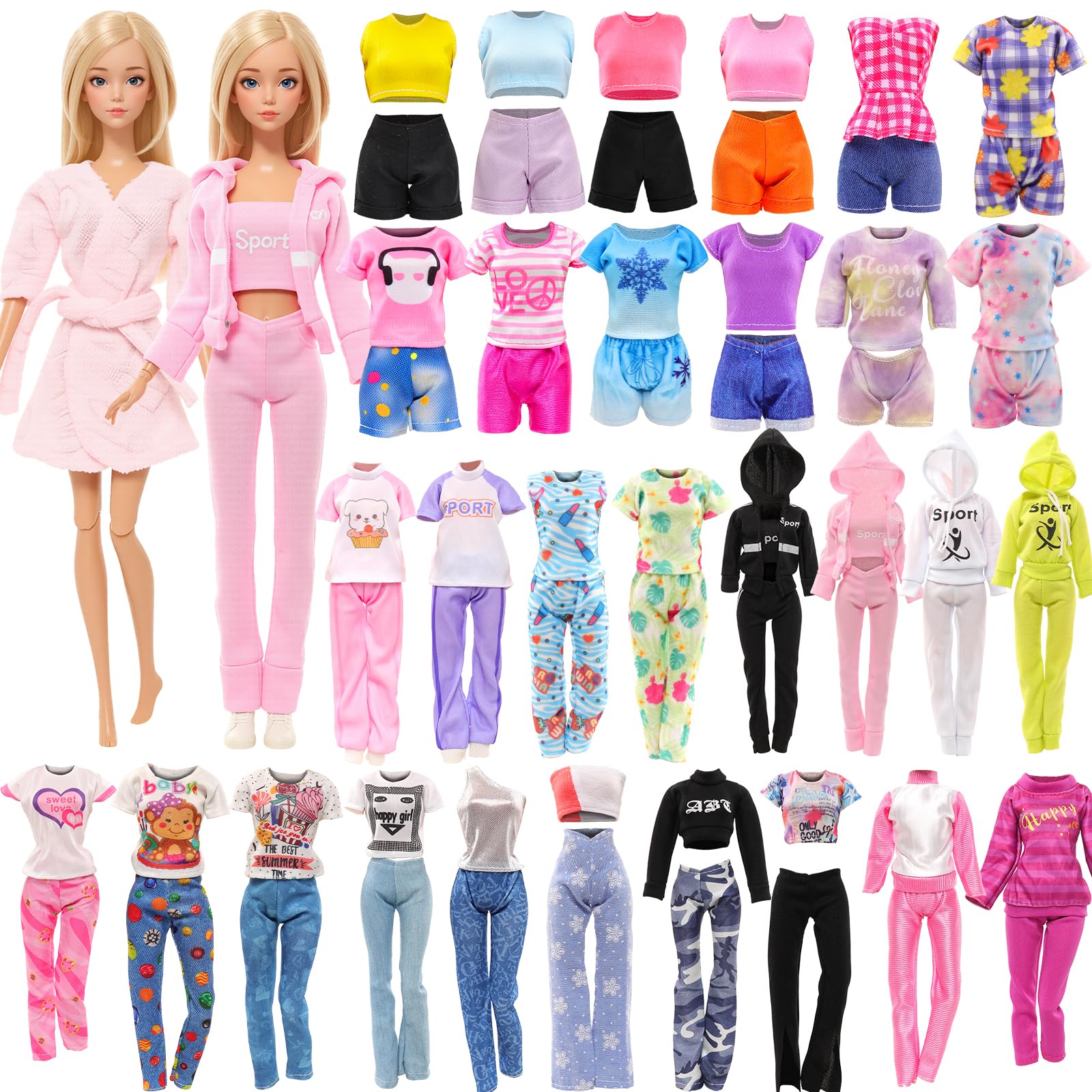 Miunana 9 Sets Doll Clothes Hooded Sports Suit Casual Outfits Tops and Pants/Shorts Sweatshirt Doll Bathrobe Pajamas Belt Sleep-Mask In Random for 11.5 Inch Girl Dolls Christmas Birthday Gifts