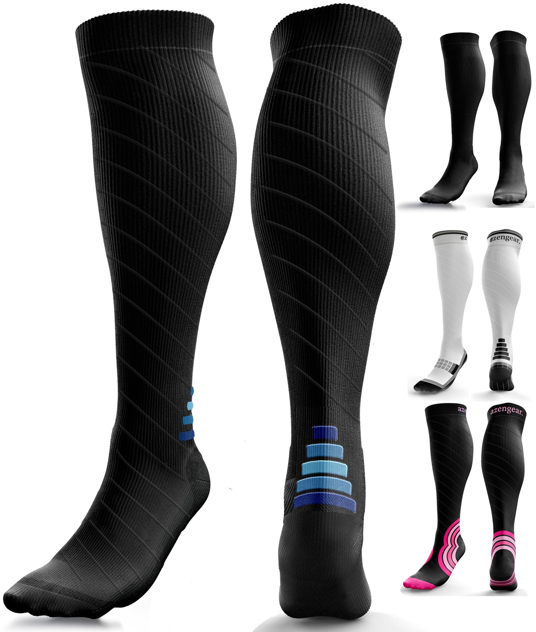 aZengear Compression Socks (20-30mmHg) Anti DVT Air Flying Knee-High Flight Travel Stockings, Swollen Legs, Varicose Veins, Running, Shin Splints Calf Pressure Support, Sports (Black w Navy L/XL)