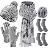 Geyoga 6 Pcs Winter Knit Set with Knit Beanie Hat Long Scarf Touchscreen Gloves Foldable Earmuff Fleece Socks for Women