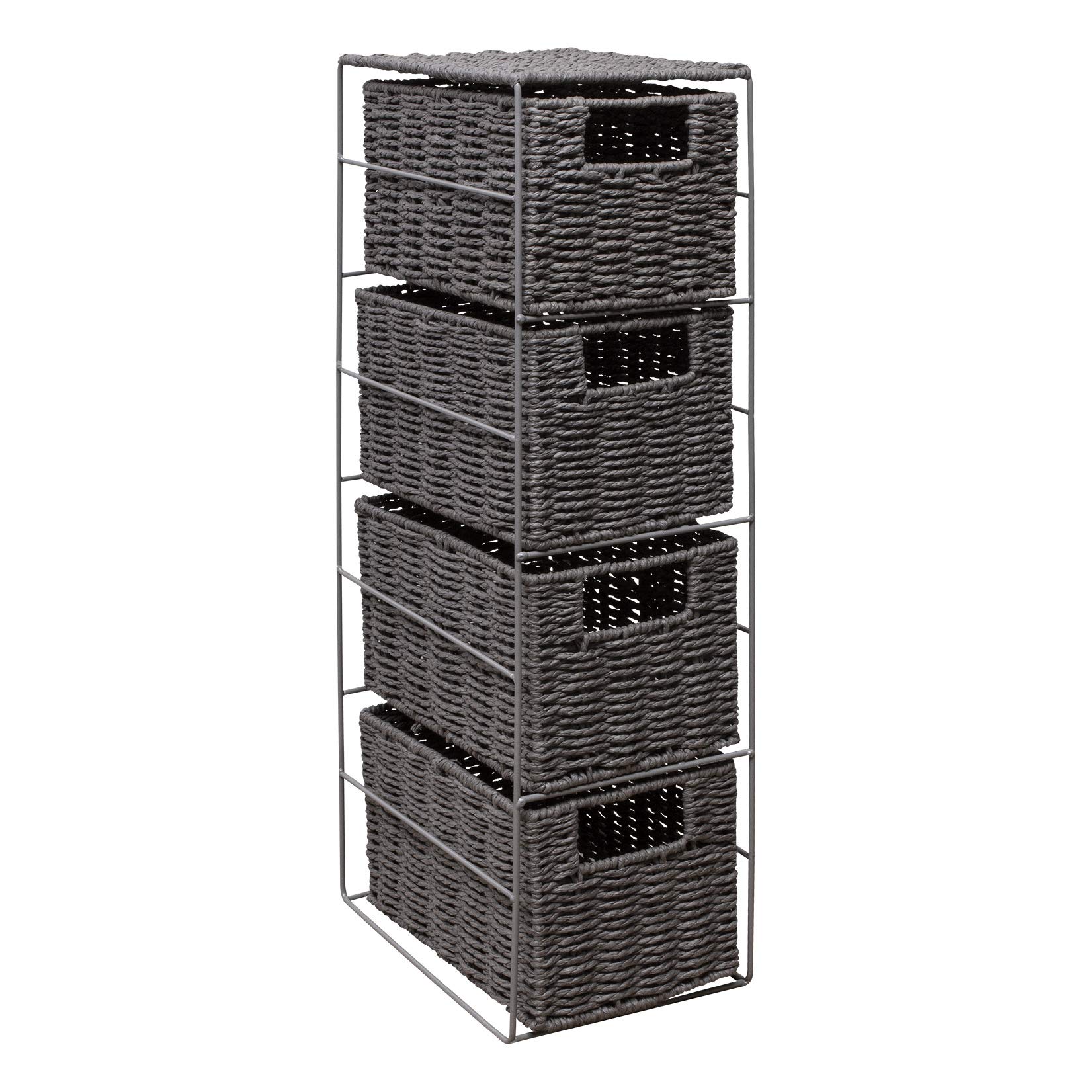 Woodluv 4 Drawer Paper Rope Tower Storage Unit With Metal Frame, Ideal for Small Bathrooms & Home Storage, Grey