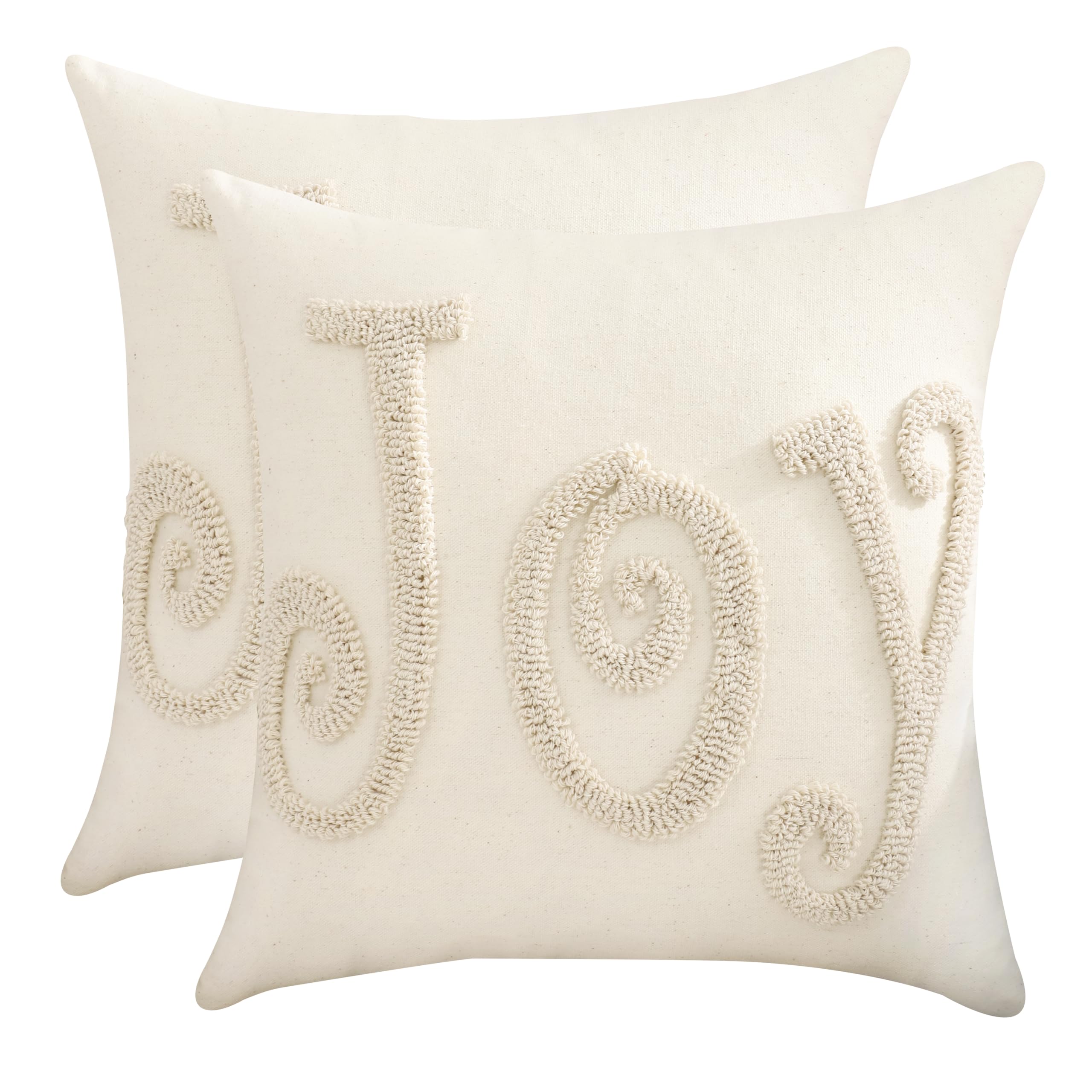 Tosleo Set of 2 Christmas Pillow Covers Beige Christmas Joy Tufted Throw Pillow Cover 18 x 18 inch Christmas Party Decor Winter Holiday Embroidery Cushion Case for Sofa Couch Bed Living Room