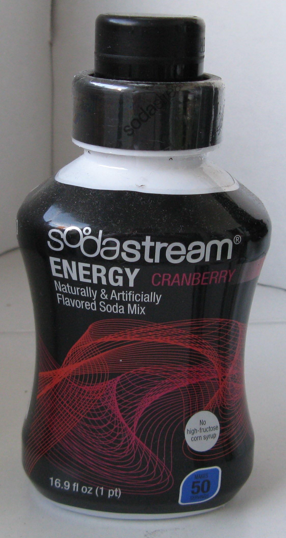 Energy Cranberry flavored - HIGH Caffeine - 72 mg per serving. Syrup Mix for carbonated soda water or pressurized sodasteam carbonated water. Contains no high fructose corn syrup, just sugar and other stuff. Enough to make 50 8 Oz servings