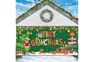Ratoyal Green Monster Christmas Garage Door Banner Cover 7x16 FT, Large Merry Grinchmas Backdrop Door Decoration Winter Holiday Background Sign for Xmas Garage Door Wall Decor