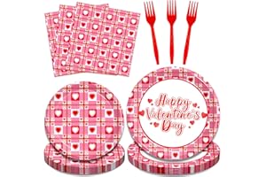 Kepeel 96 Pcs Valentine’s Day Party Supplies Happy Valentine's Day Heart Plaid Paper Plates Napkins Set Disposable Dinnerware Tableware for Valentines Day Party, Serves 24