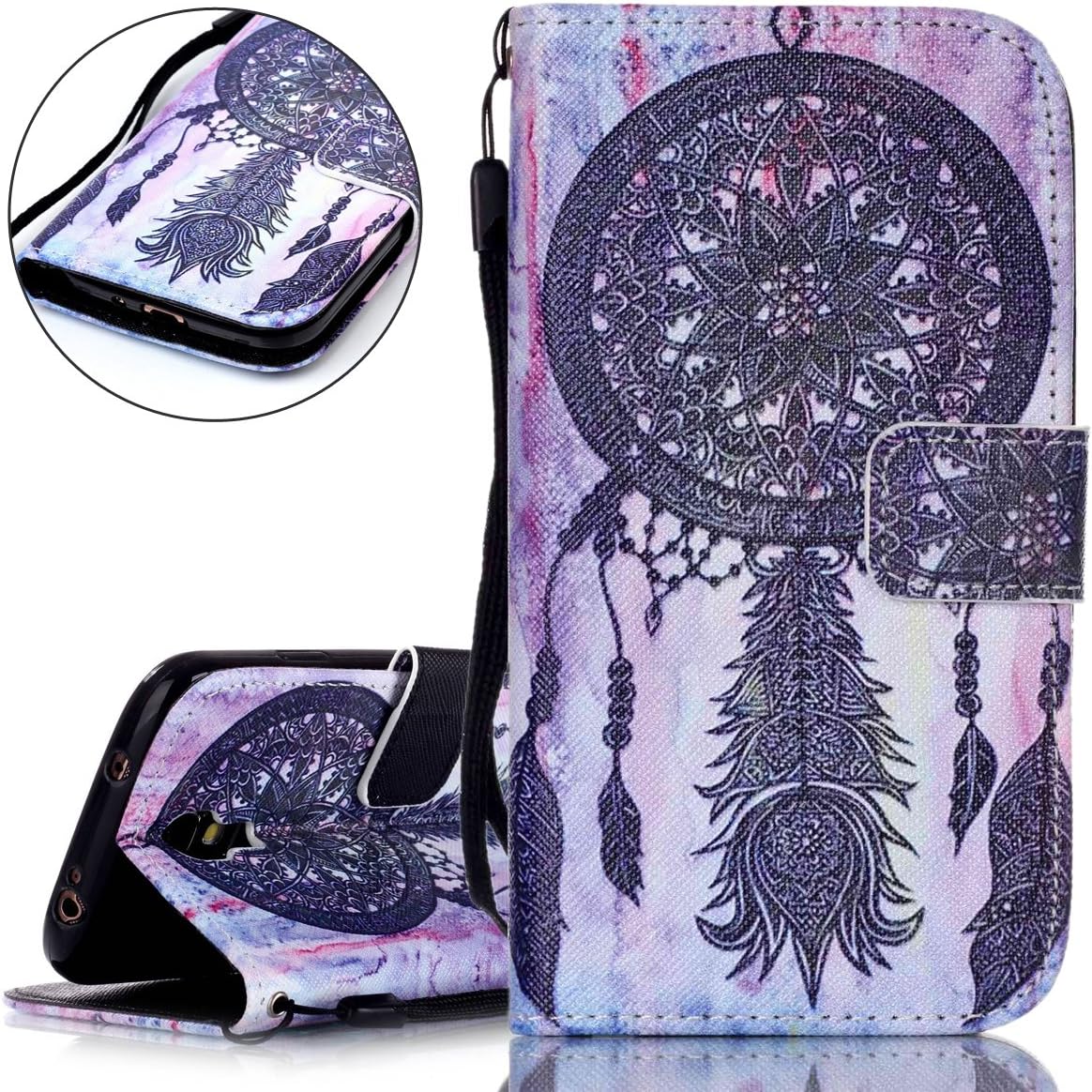 Samsung Galaxy S4 Case, Samsung Galaxy S4 Flip Case, ISAKEN Samsung Galaxy S4 Cover with Strap, Samsung Galaxy S4 Wallet Cover, Luxury Elegant Printing Drawing Design Pattern PU Leather Magnetic Stand Case Credit Card Slot Flip Protective Stand Case Cover for Galaxy S4 - black feather dream catcher